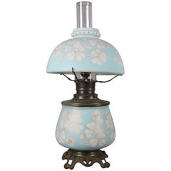 Antique Gone with the Wind Gilt and Painted Satin Glass Electrified Oil Lamp