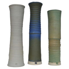 Three Large Organic Studio Pottery Vessels in Blue, Cream Glazes