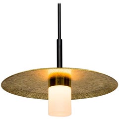 Arthur Pendant with Etched & Polished Sunburst Brass Shade, Handblown Milk Glass