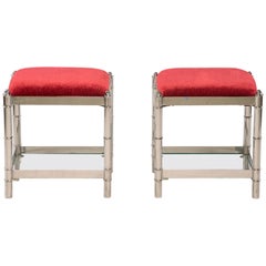 Pair of Small Nickel Plated Italian Upholstered Stools