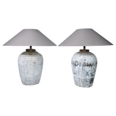 Large Chinese Storage Jar Lamps with Shades, Pair