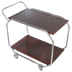 Bauhaus Art Deco 1930s Modernist Rolling Bar Cart in Chrome and Rosewood
