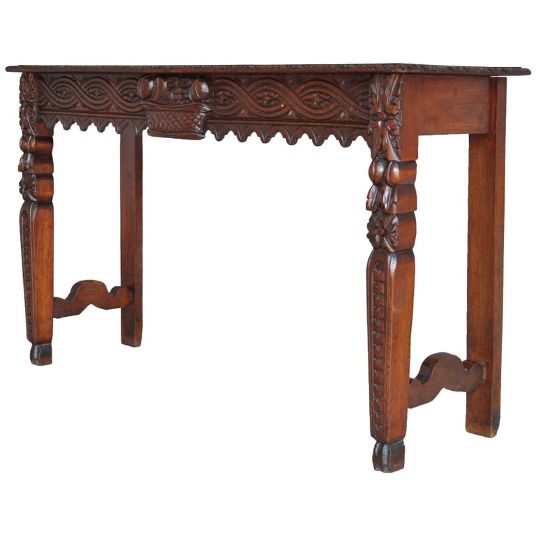 Antique French Country Renaissance Fruit Harvest Carved Oak Console Antique French Country Renaissance Fruit Harvest Carved Oak Console Sofa Table For
