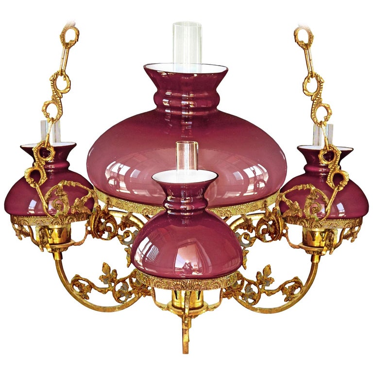 Antique French Oil Lamp Chandelier At 1stdibs Antique French Victorian Pink Glass Shades Bronze Hanging Oil Lamp Chandelier