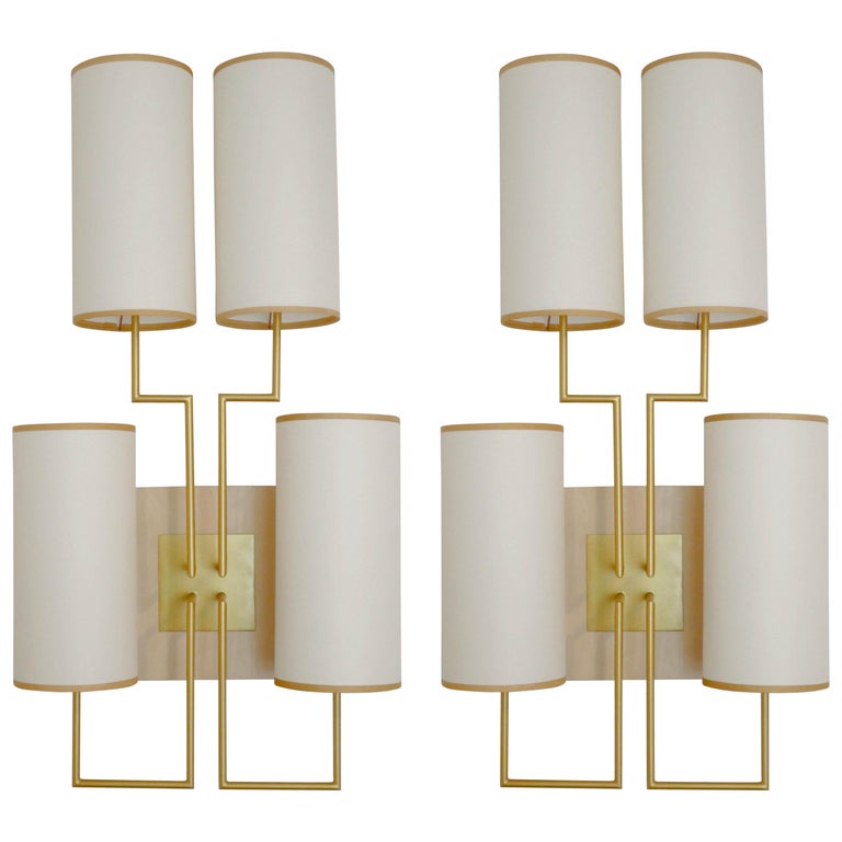 Pair Of Wall Lamp Sconce In Gold Patina And White Shades For Pair Of Wall Lamp Sconce In Gold Patina And White Shades For