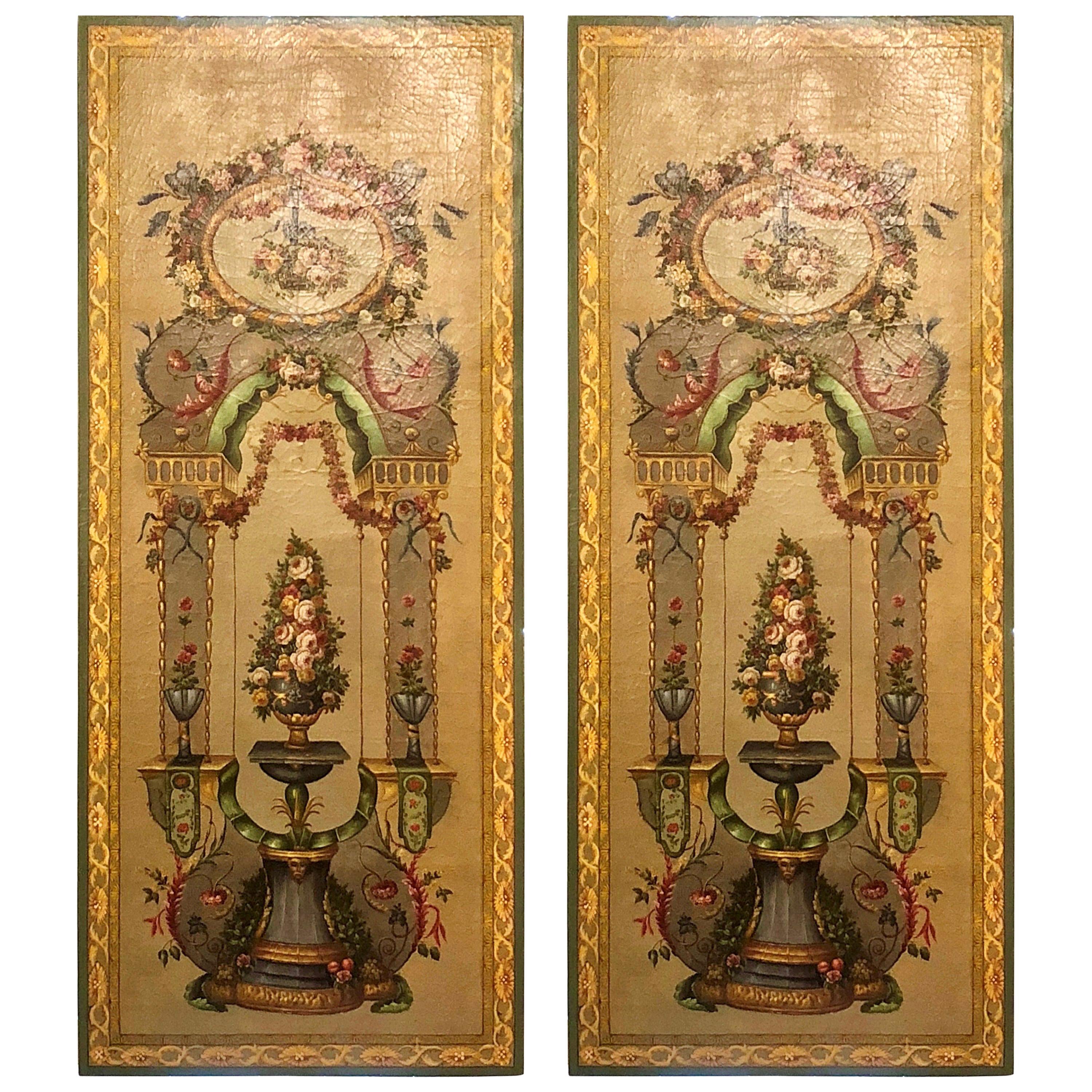 Paire de panneaux anciens peints en trompe-l'œil du 19ème siècle