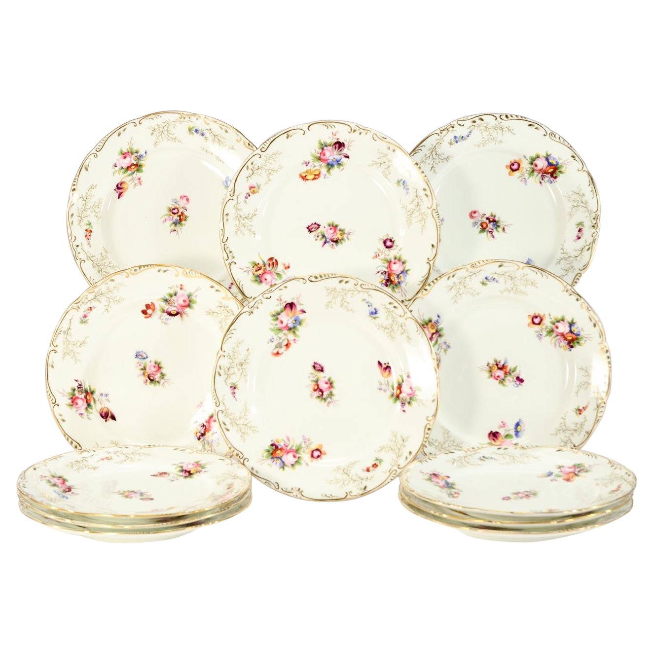 Set von 12 Cauldon-Desserttellern, handbemalt, polychrom, Emaille, Blumen, vergoldet im Angebot