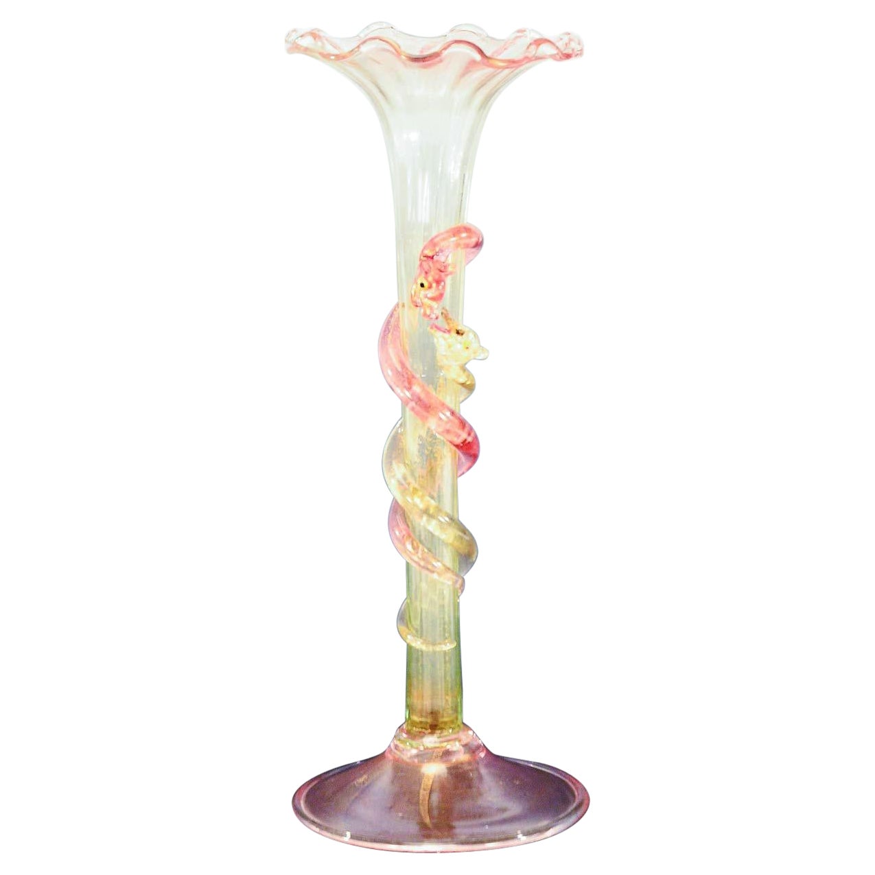 Venetian Salviati Hand Blown Vase Applied Pink Snakes Gold Leaf Inclusions