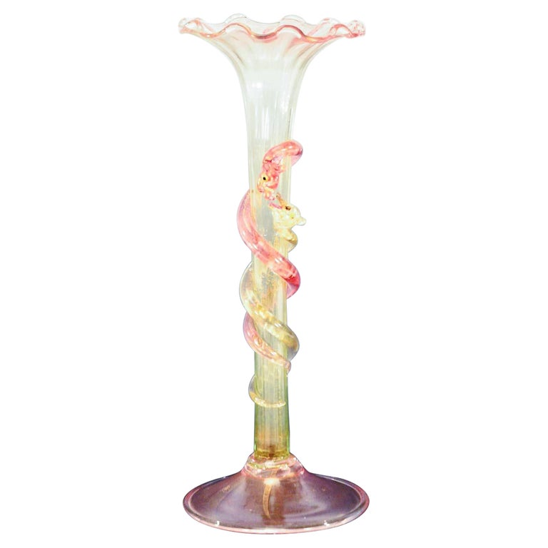 Venetian Salviati Hand Blown Vase Applied Pink Snakes Gold Leaf Inclusions For Sale