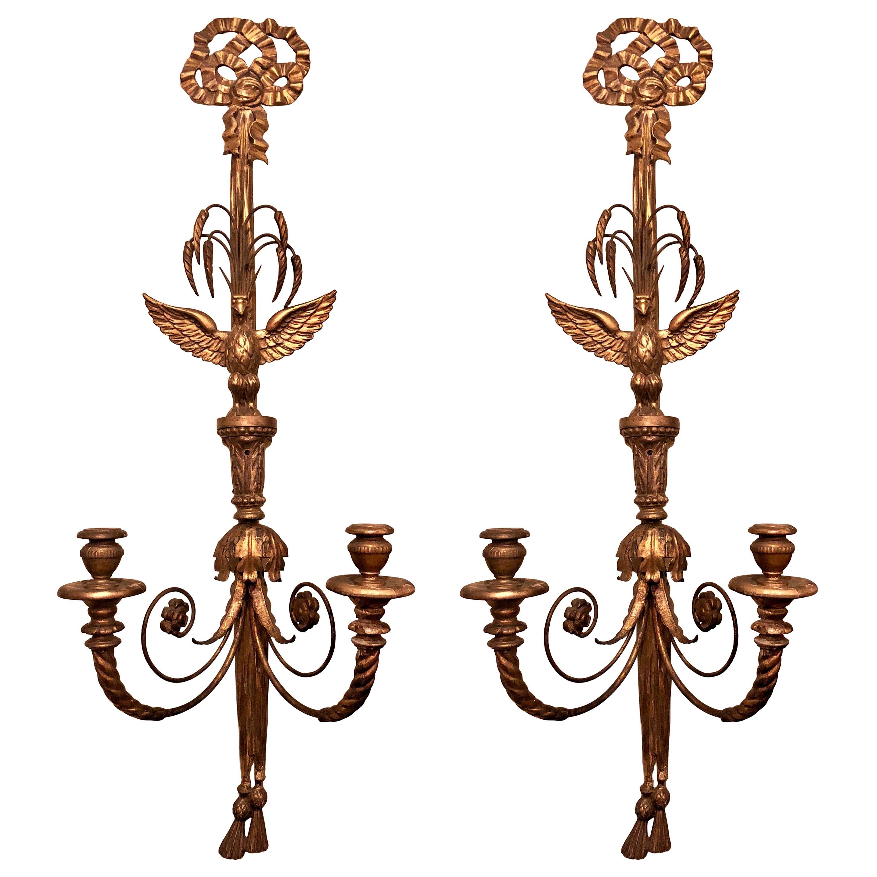 Pair of Antique Carved Wood Eagle Sconces