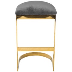 Modern Style Backless Bar Stool in Velvet with a Polished Solid Brass Frame