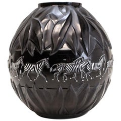 Lalique France Crystal Art Glass and Enamel Tanzania Black Vase