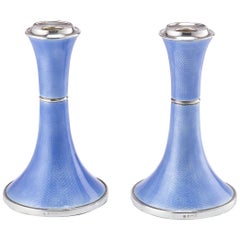 Pair of Art Deco Silver and Guilloche Enamel Candlesticks, Birmingham, 1920