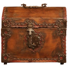 Late 18th Century French Louis XIII Wood and Leather Decorative Box Trunk Safe