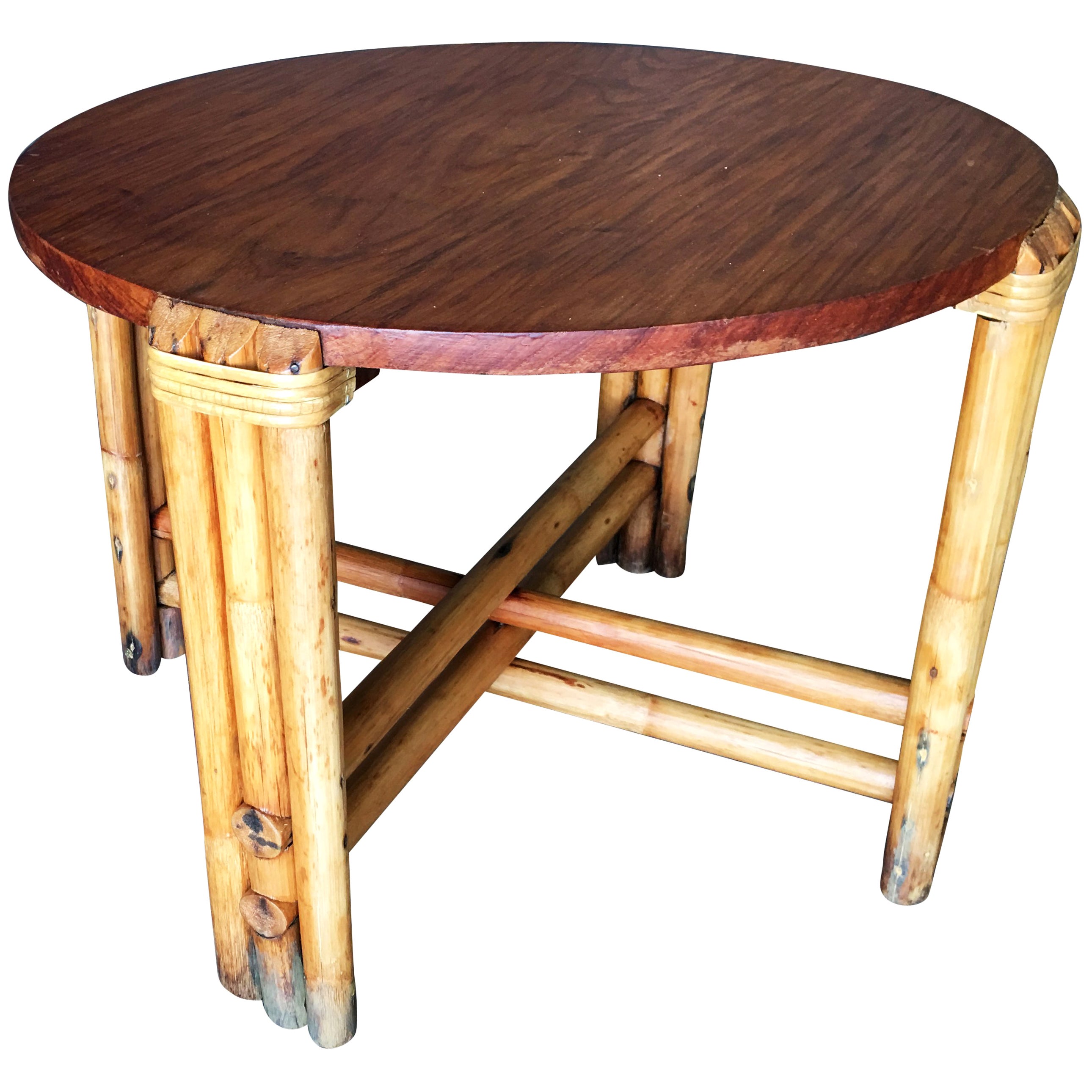 Restored Round Rattan Coffee Table with Mahogany Top For Sale at 1stDibs