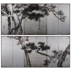 Ink Pine Trees on Silver Leaf, Japanese Screen Pair, Late Meiji, circa 1910