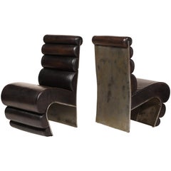 Postmodern Sculptural Steel and Leather French Pair of Chairs, 1980s, France