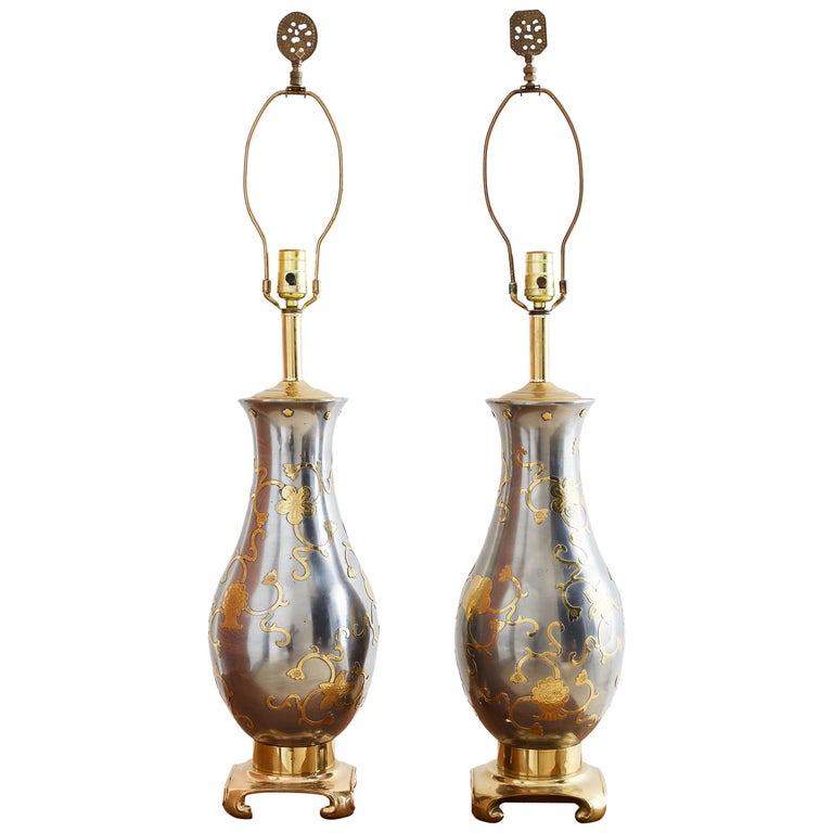 Pair 19th Century Chinese Lead Vases Inlayed with Bronze Lamps For Sale