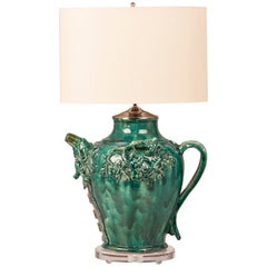 Green Glazed Vintage Chinese Pottery Vessel Jug Lamp China, circa 1940