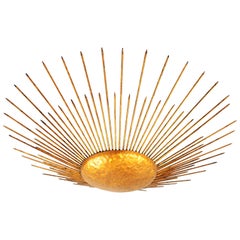 Unique Giant Size Neoclassical Gilt Iron Sunburst Light Fixture, France, 1940s