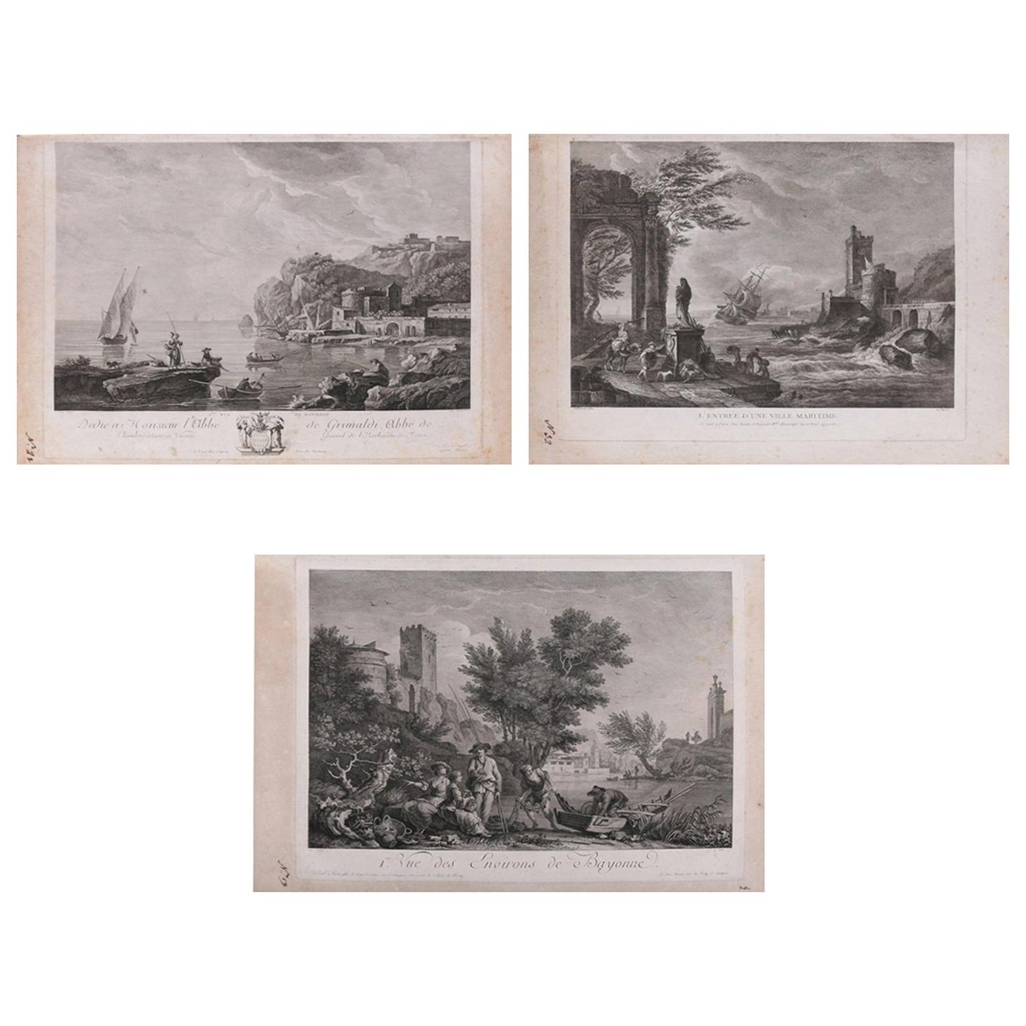 Three French Empire Maritime Etchings of Ships and Workers in Village Harbour For Sale