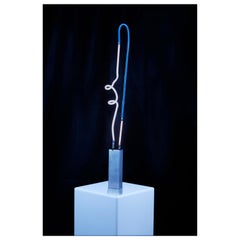 Neon Table Lamp Satin White and Blue Resin Base Modern Handmade Light Sculpture