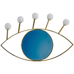 Mirror Lamp Blue Eye with Brass and Glossy Gold Finish, Handmade in Italy
