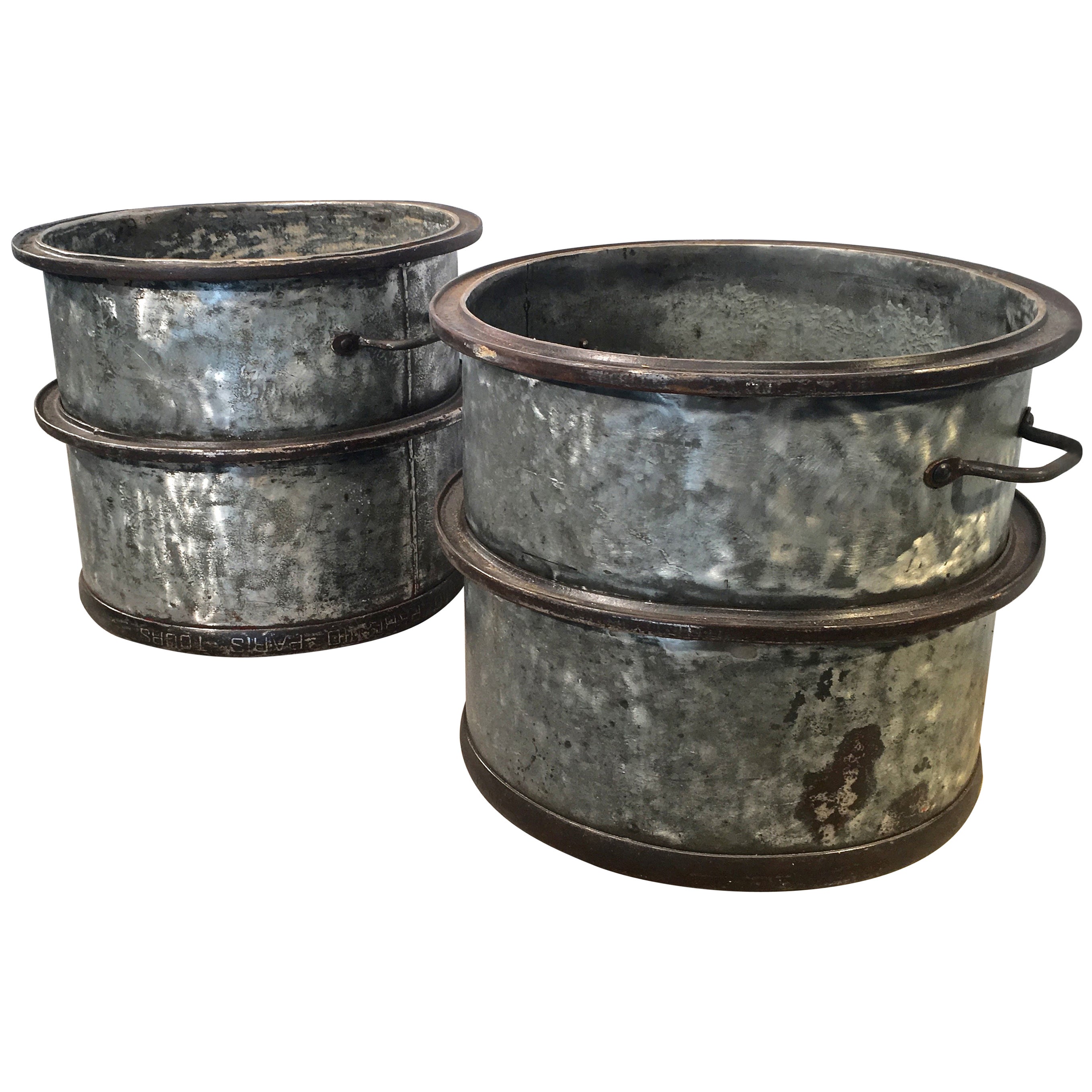 Pair of French Cylindrical Galvanized Zinc/Steel Planters with Handles ...
