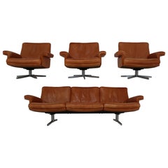 De Sede Armchairs and Sofa and in Soft Cognac Aniline Leather, Model DS 35