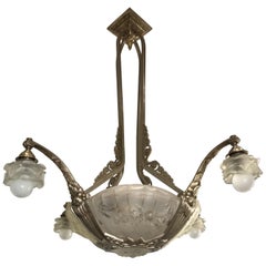 Stunning 1930s Art Deco Glass and Bronze Pendant/Chandelier by P. Gilles, France