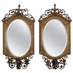 Pair Antique Neoclassical Giltwood Mirrored Candle Wall Sconces, 19th Century