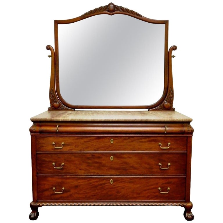 Victorian Marble Top Carved Mahogany Ball And Claw Foot Dresser Victorian Marble Top Carved Mahogany Ball And Claw Foot Dresser Mirror For