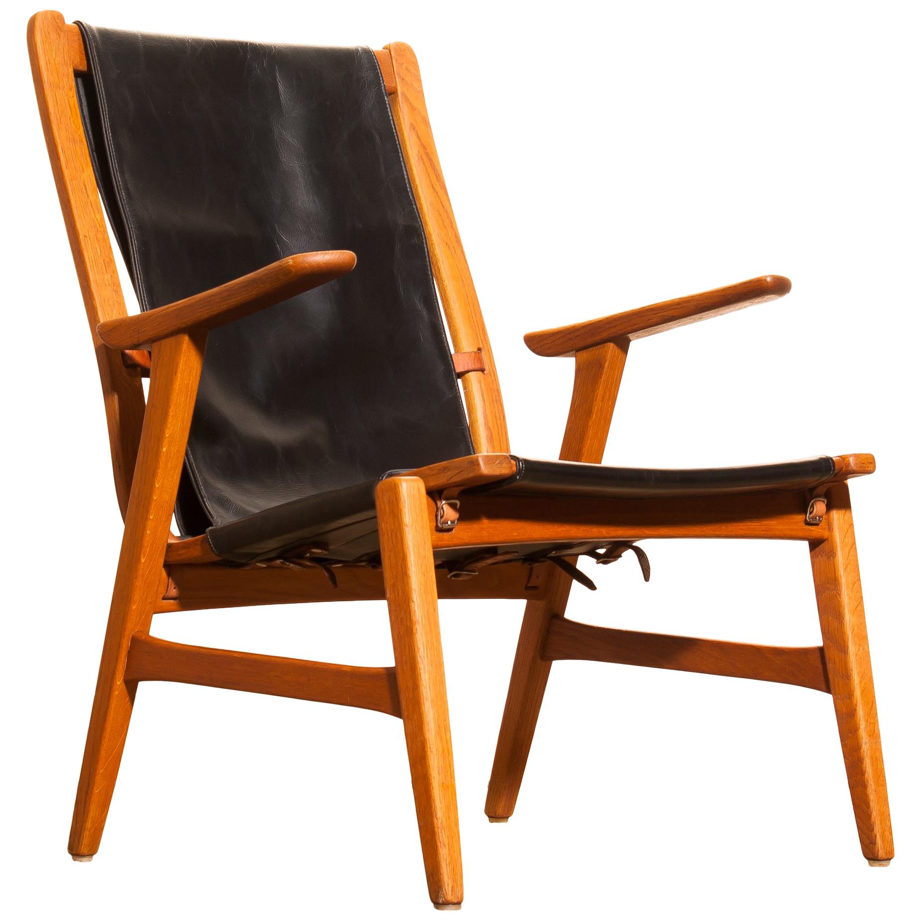 1950s, Oak and Leather Hunting Chair 'Ulrika' by Östen Kristiansson