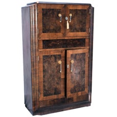 English Art Deco Fitted Burr Walnut Cocktail Cabinet or Dry Bar