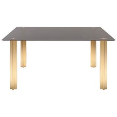 Gold Contemporary Square Table, Glass Top and Gold-Plated Aluminium Legs