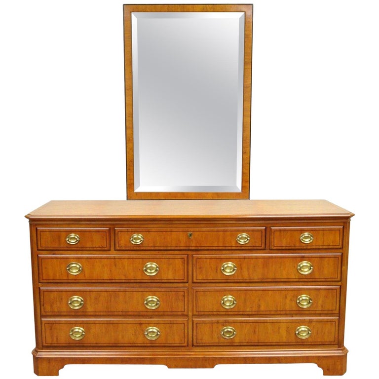 Drexel Heritage Yorkshire Yew Wood Banded Ebony Long Dresser Chest Drexel Heritage Yorkshire Yew Wood Banded Ebony Long Dresser Chest And Mirror For