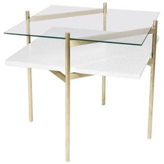 Duotone Diamond Side Table, Brass Frame / Clear Glass / White Mosaic