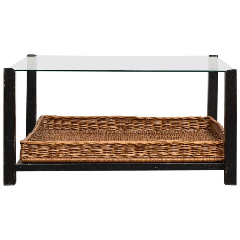 Modernist Two Tiered Round Coffee Table With Rattan Basket For Square Metal And Glass Coffee Table With Lower Rattan Basket