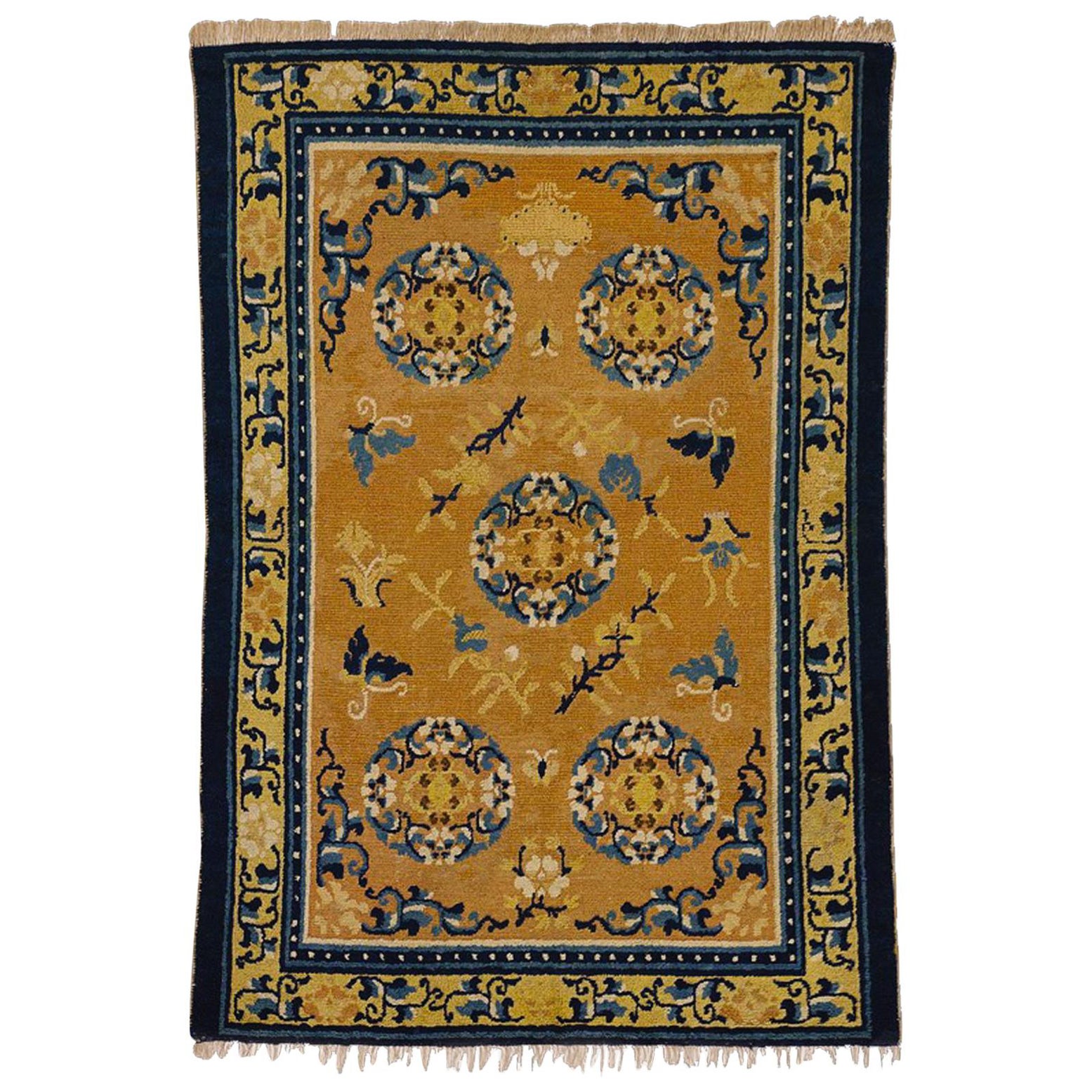 19th Century Chinese Ninxia Ocher Yellow Rug Fine Hand Knotted, Cotton and Wool For Sale