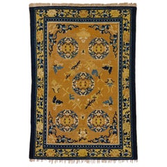 19th Century Chinese Ninxia Ocher Yellow Rug Fine Hand Knotted, Cotton and Wool