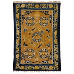 Tapis chinois Ninxia jaune ocre du 19e siècle finement noué à la main, coton et laine