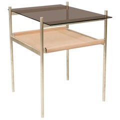 Duotone Rectangular Side Table, Brass Frame / Bronze Glass / Natural Leather
