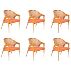 Set of Six Edward Wormley Model 5480 Cane and Ash Chairs Made by Dunbar