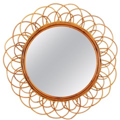 French Riviera Double Layered Rattan Flower Burst Sunburst Mirror, France, 1960s