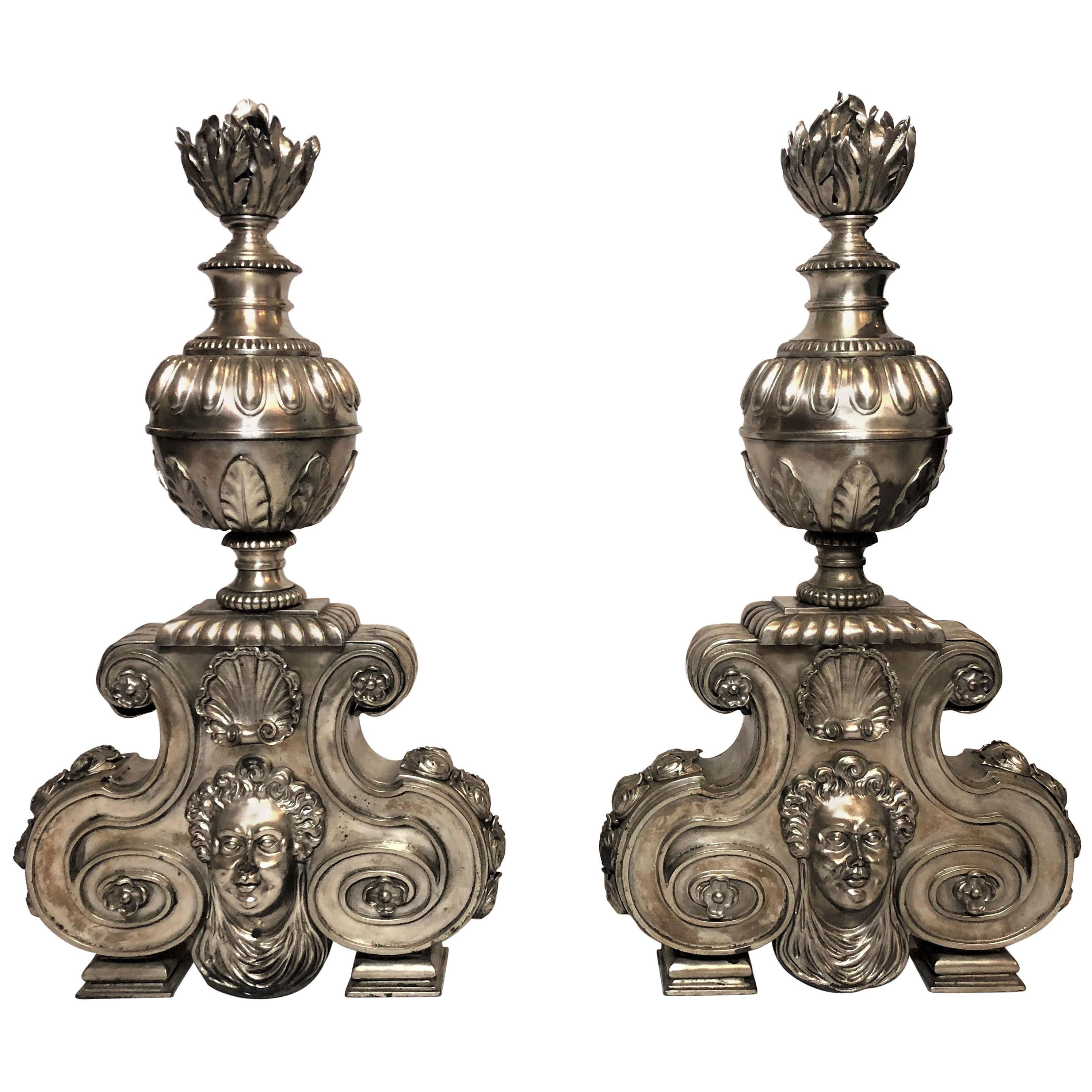 Pair of Antique French Silvered Bronze Andirons For Sale