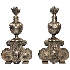 Pair of Antique French Silvered Bronze Andirons