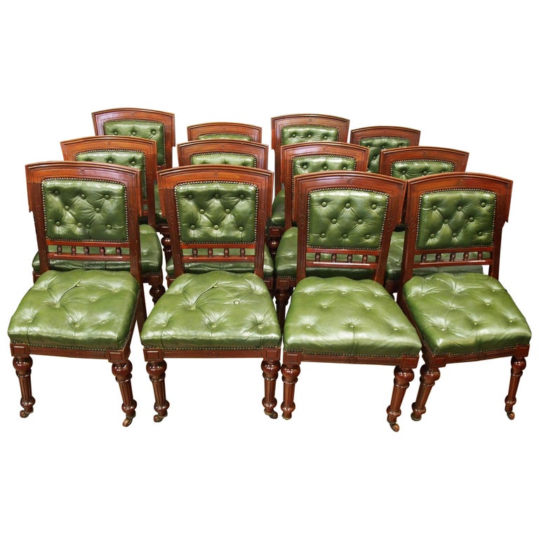 Set Of 12 Mahogany And Green Leather Dining Chairs For At 1stdibs Set Of 12 Mahogany And Green Leather Dining Chairs For