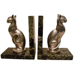 Art Deco Becquerel Cat Silvered Bronze Bookends, France, 1920