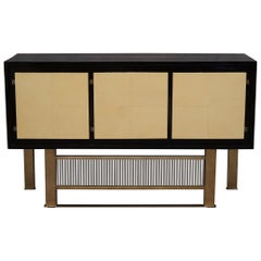 Midcentury Walnut Goat Skin Brass and Glass Italian Sideboards, 1950