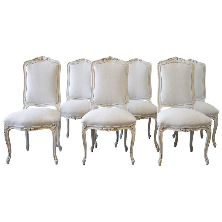 20th Century Set Of Six Painted French Provincial Dining Chairs In 20th Century Set Of Six Painted French Provincial Dining Chairs In Belgian Linen For